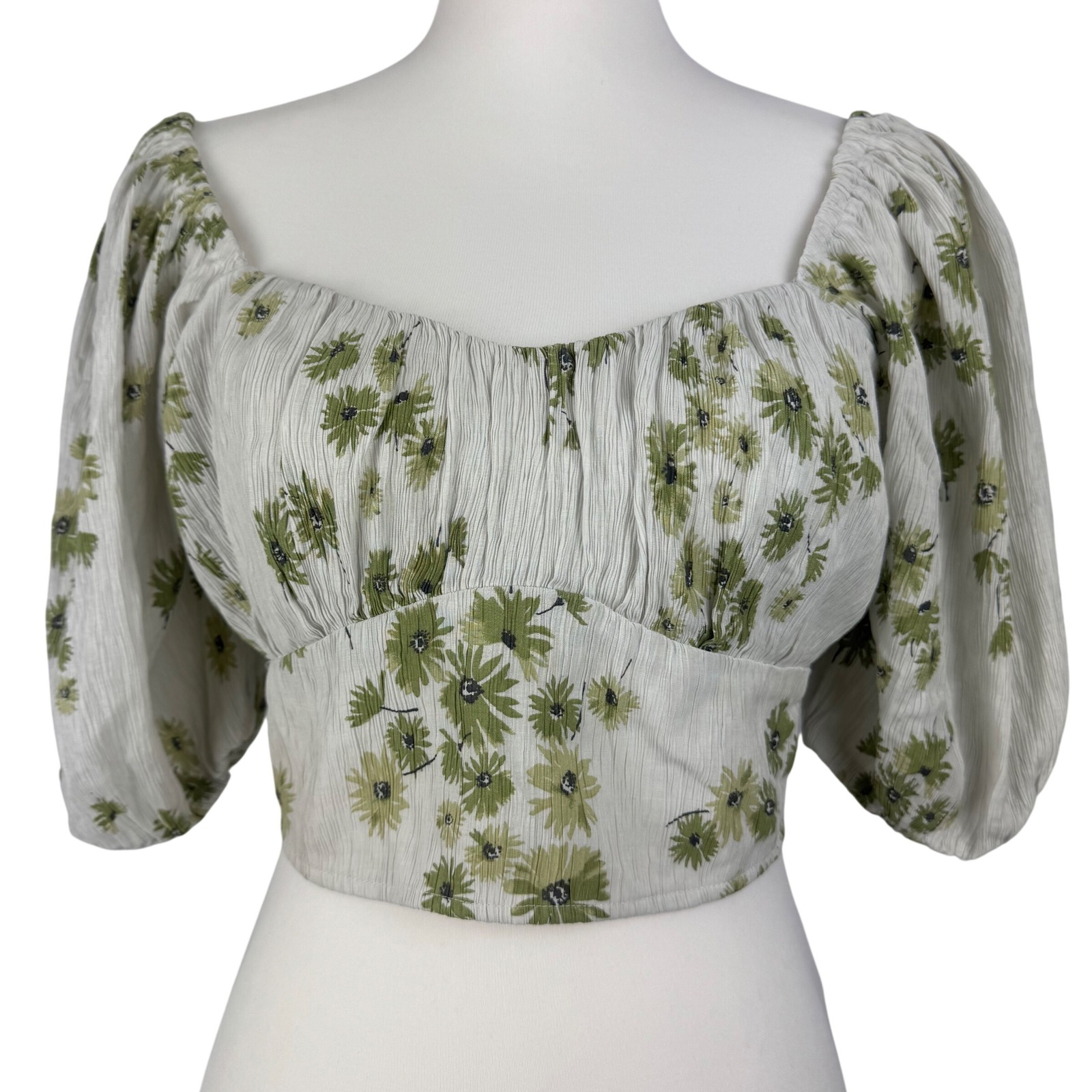 Abercrombie Fitch Crop Top Square Neck Puff Sleeve Floral Print Green Sz M